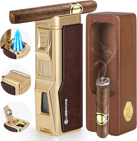 Cigar Lighter and Ashtray Set, Quad Windproof Jet Flame, with Cigar Holder and Cigar Punch, Refillable Butane Gas Lighter, Multifunctional Cigar Accessories Gift Set in Kuwait
