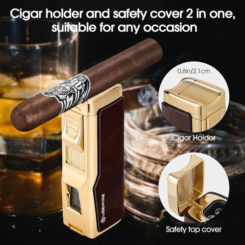 Cigar Lighter and Ashtray Set, Quad Windproof Jet Flame, with Cigar Holder and Cigar Punch, Refillable Butane Gas Lighter, Multifunctional Cigar Accessories Gift Set in Kuwait
