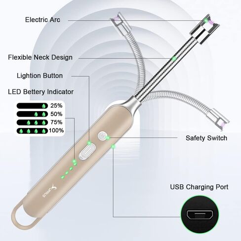 ولاعة كهربائية قابلة لإعادة الشحن على شكل قوس مع شاشة LED ولاعة USB طويلة الرقبة مرنة للطهي بالشموع (شامبانيا) in Kuwait