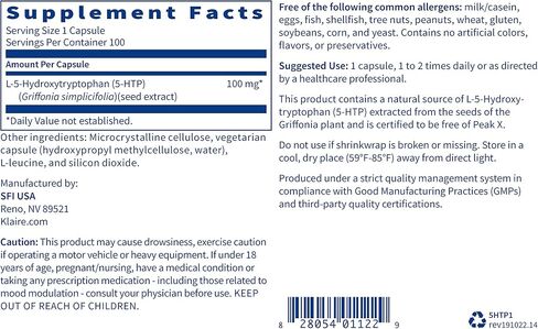 Klaire Labs 5-HTP 100 mg - Hypoallergenic 5-HTP from Griffonia Seed Extract (5-HTP) - Hydroxytryptophan Serotonin Support Supplement to Promote Mood (100 Capsules) in Saudi Arabia