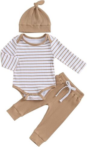 Newborn Baby Boy Girl Outfits Long Sleeve Striped Ribbed Knitted Romper Pants Hat 3Pcs Infant Fall Winter Clothes in Kuwait