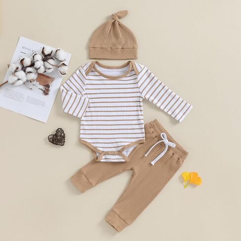 Newborn Baby Boy Girl Outfits Long Sleeve Striped Ribbed Knitted Romper Pants Hat 3Pcs Infant Fall Winter Clothes in Kuwait