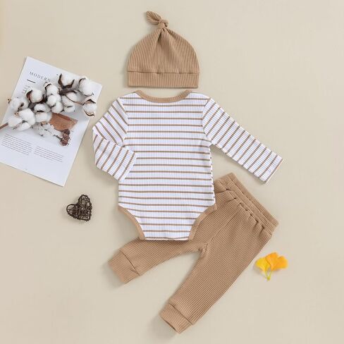 Newborn Baby Boy Girl Outfits Long Sleeve Striped Ribbed Knitted Romper Pants Hat 3Pcs Infant Fall Winter Clothes in Kuwait
