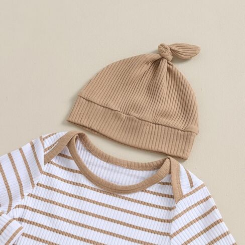 Newborn Baby Boy Girl Outfits Long Sleeve Striped Ribbed Knitted Romper Pants Hat 3Pcs Infant Fall Winter Clothes in Kuwait