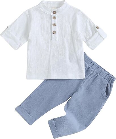 Karuedoo Toddler Baby Boy Clothes Cotton Linen Henley Shirts Button Down Long Sleeve Shirts Casual Pants Set in Saudi Arabia