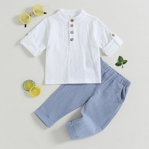 Karuedoo Toddler Baby Boy Clothes Cotton Linen Henley Shirts Button Down Long Sleeve Shirts Casual Pants Set in Saudi Arabia
