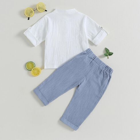 Karuedoo Toddler Baby Boy Clothes Cotton Linen Henley Shirts Button Down Long Sleeve Shirts Casual Pants Set in Saudi Arabia