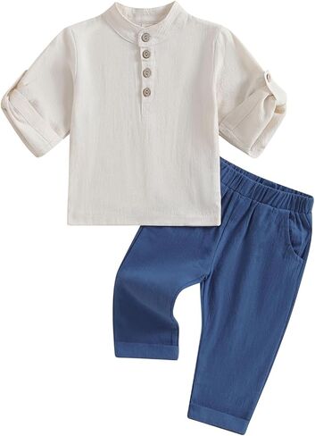 Karuedoo Toddler Baby Boy Clothes Cotton Linen Henley Shirts Button Down Long Sleeve Shirts Casual Pants Set in Saudi Arabia