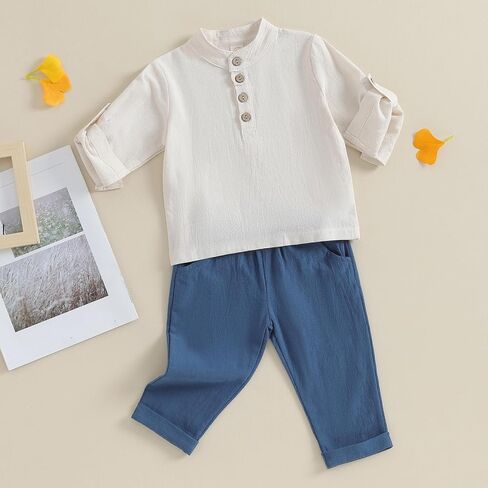 Karuedoo Toddler Baby Boy Clothes Cotton Linen Henley Shirts Button Down Long Sleeve Shirts Casual Pants Set in Saudi Arabia