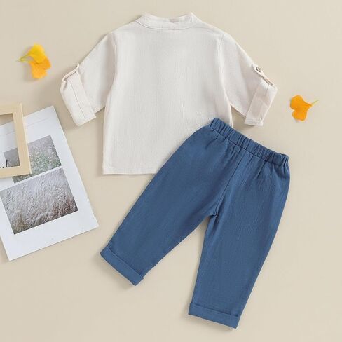 Karuedoo Toddler Baby Boy Clothes Cotton Linen Henley Shirts Button Down Long Sleeve Shirts Casual Pants Set in Saudi Arabia