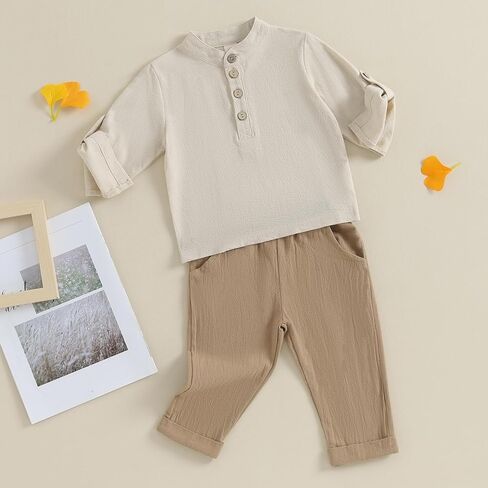 ملابس Karuedoo للأطفال الصغار من القطن والكتان وقمصان Henley بأزرار سفلية وأكمام طويلة ومجموعة سراويل كاجوال in Kuwait