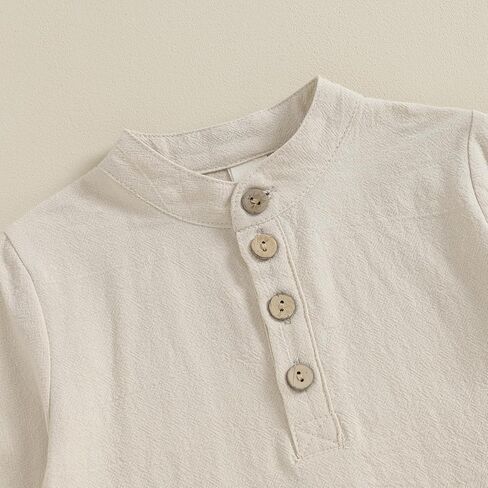 ملابس Karuedoo للأطفال الصغار من القطن والكتان وقمصان Henley بأزرار سفلية وأكمام طويلة ومجموعة سراويل كاجوال in Kuwait