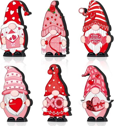 Umigy 6 Pcs Valentine's Day Wooden Gnome Table Decor Valentines Day Gnome Decorations Valentines Table Centerpiece Wood Tabletop Decorative Gnome Sign Farmhouse Tiered Tray Decoration for Wedding Home in Kuwait