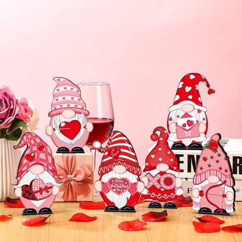 Umigy 6 Pcs Valentine's Day Wooden Gnome Table Decor Valentines Day Gnome Decorations Valentines Table Centerpiece Wood Tabletop Decorative Gnome Sign Farmhouse Tiered Tray Decoration for Wedding Home in Kuwait