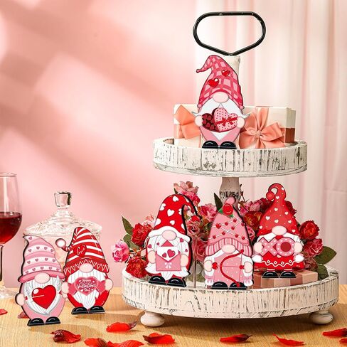 Umigy 6 Pcs Valentine's Day Wooden Gnome Table Decor Valentines Day Gnome Decorations Valentines Table Centerpiece Wood Tabletop Decorative Gnome Sign Farmhouse Tiered Tray Decoration for Wedding Home in Kuwait