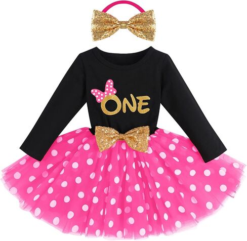 Baby Girls My 1st 2nd 3rd Birthday Polka Dots Dress w/Headband Long Sleeve Sequin Princess Tutu Cake Smash One Party Gown in Saudi Arabia