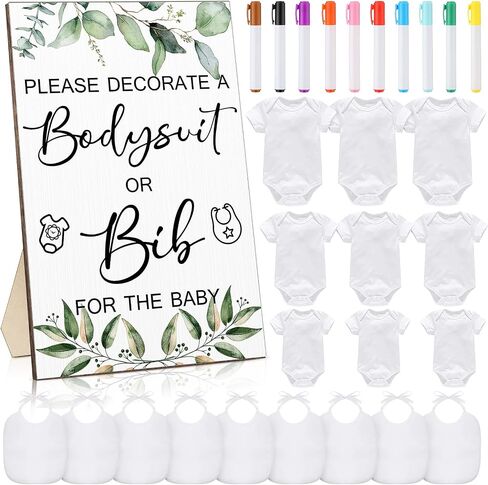 Roowest 35 Pcs Baby Shower Bibs Games Design Wooden Baby Shower Party Game Sign DIY Bodysuit Sign 15 White Blank Bibs 9 Bodysuit 10 Markers for Party Supplies(Greenery) in Saudi Arabia
