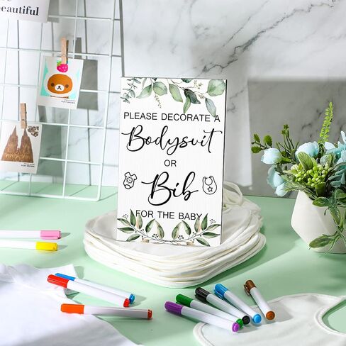 Roowest 35 Pcs Baby Shower Bibs Games Design Wooden Baby Shower Party Game Sign DIY Bodysuit Sign 15 White Blank Bibs 9 Bodysuit 10 Markers for Party Supplies(Greenery) in Saudi Arabia