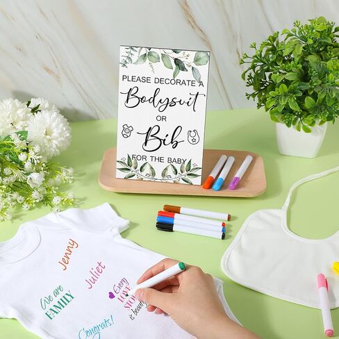 Roowest 35 Pcs Baby Shower Bibs Games Design Wooden Baby Shower Party Game Sign DIY Bodysuit Sign 15 White Blank Bibs 9 Bodysuit 10 Markers for Party Supplies(Greenery) in Saudi Arabia