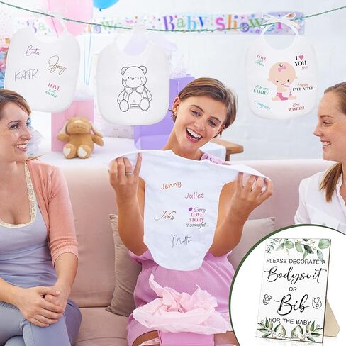 Roowest 35 Pcs Baby Shower Bibs Games Design Wooden Baby Shower Party Game Sign DIY Bodysuit Sign 15 White Blank Bibs 9 Bodysuit 10 Markers for Party Supplies(Greenery) in Saudi Arabia