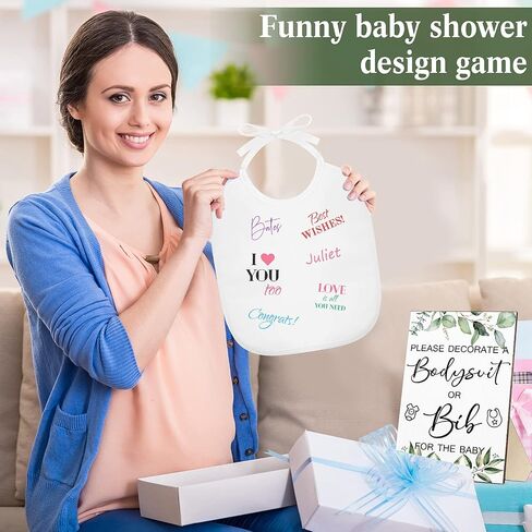 Roowest 35 Pcs Baby Shower Bibs Games Design Wooden Baby Shower Party Game Sign DIY Bodysuit Sign 15 White Blank Bibs 9 Bodysuit 10 Markers for Party Supplies(Greenery) in Saudi Arabia