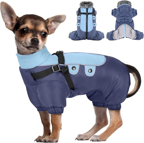 معطف شتوي للكلاب من Queenmore، سترة للكلاب مبطنة بالصوف مقاومة للرياح بأربعة أرجل مع حزام، بدلة ثلج دافئة لكامل الجسم للكلاب مع شرائط عاكسة، معاطف للكلاب في الطقس البارد للكلاب الصغيرة (رمادي أزرق، XS) in Kuwait