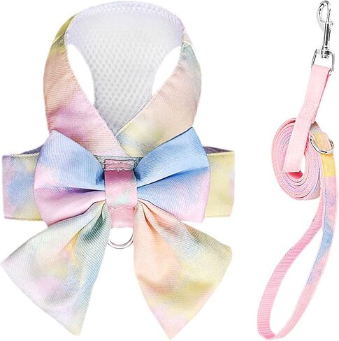 PETCARE Cute Bow Tie Dog Harness and Leash Set Elegant Rainbow Gradient Puppy Harness No Pull Soft Mesh Pet Cat Dog Vest Harnesses for Small Dogs Cats, Pink in Saudi Arabia