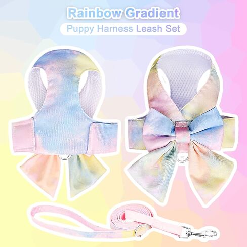 PETCARE Cute Bow Tie Dog Harness and Leash Set Elegant Rainbow Gradient Puppy Harness No Pull Soft Mesh Pet Cat Dog Vest Harnesses for Small Dogs Cats, Pink in Saudi Arabia