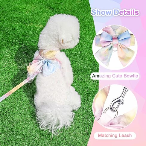 PETCARE Cute Bow Tie Dog Harness and Leash Set Elegant Rainbow Gradient Puppy Harness No Pull Soft Mesh Pet Cat Dog Vest Harnesses for Small Dogs Cats, Pink in Saudi Arabia
