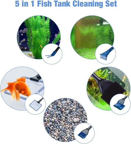 Songway 5 in 1 Aquarium Fish Tank Clean Tool Set/ Fish Net, Gravel Rake, Algae Sc, Plant Fork, Sponge/Multi-Function Cleaning kit for Aquarium Fish Tank in Kuwait