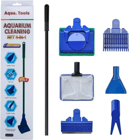 Songway 5 in 1 Aquarium Fish Tank Clean Tool Set/ Fish Net, Gravel Rake, Algae Sc, Plant Fork, Sponge/Multi-Function Cleaning kit for Aquarium Fish Tank in Kuwait