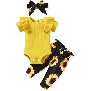 Unutiylo Preemie Newborn Baby Girls Clothes Ribbed Romper Bodysuit Pants Set Ruffle Spring Summer Outfits in Saudi Arabia