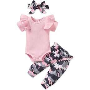 Unutiylo Preemie Newborn Baby Girls Clothes Ribbed Romper Bodysuit Pants Set Ruffle Spring Summer Outfits in Kuwait