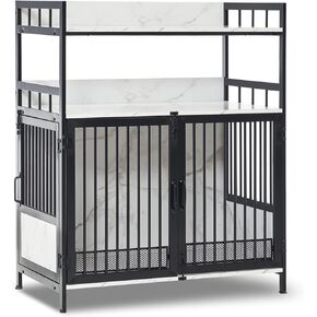 MCombo Furniture Style Dog Crate with Storage Shelves, Heavy Duty Wooden Dog Crate End Table, Triple Doors Dog House Home Indoor Use, 1368 (White)