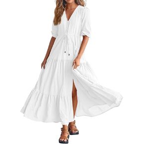 BTFBM Women Summer Dresses Short Sleeves V Neck Button Drawstring Maxi Dresses Solid Color Boho Long Dresses in Kuwait