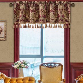 Loom and Mill Luxury Christmas Valances for Living Room Window, Classic Damask Jacquard Chenille Window Treatment Valances with Tassels, Rod Pocket Blackout Short Curtain 1 Panel, 54" x 18", Red