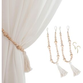 sageinthyme Set of 2 Wood Bead Curtain Tie Back Holders Beaded Boho Farmhouse Window Treatment Tieback Holder Natural Wooden Decorative Drapery Tie Back Cords Curtains Holdbacks Pull Backs (24 inches)