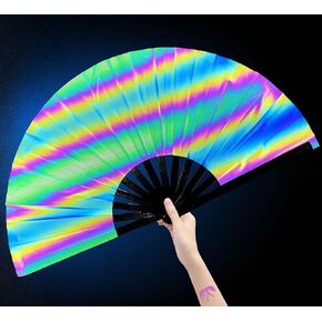 Amajiji UV Glow Large Rave Folding Hand Fan Clack Fan for Festivals and Performances - Lightweight and Durable Bamboo Frame (Colorful Butterfly) in Kuwait