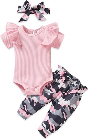 Unutiylo Preemie Newborn Baby Girls Clothes Ribbed Romper Bodysuit Pants Set Ruffle Spring Summer Outfits in Kuwait