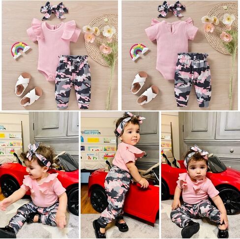 Unutiylo Preemie Newborn Baby Girls Clothes Ribbed Romper Bodysuit Pants Set Ruffle Spring Summer Outfits in Kuwait