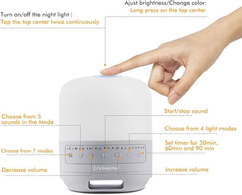 جهاز ضوضاء أبيض من LiviNGPAi مع ضوء ليلي قابل للتعديل، 35 صوتًا مهدئًا عالي الدقة، ضوء متغير اللون 0-100، آلة صنع ضوضاء النوم المحمولة للمنزل والمكتب والسفر in Kuwait