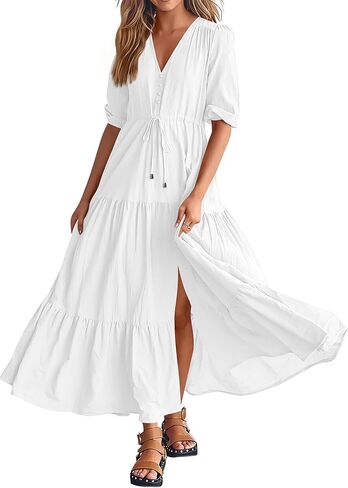 BTFBM Women Summer Dresses Short Sleeves V Neck Button Drawstring Maxi Dresses Solid Color Boho Long Dresses in Kuwait
