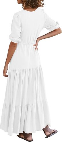 BTFBM Women Summer Dresses Short Sleeves V Neck Button Drawstring Maxi Dresses Solid Color Boho Long Dresses in Kuwait