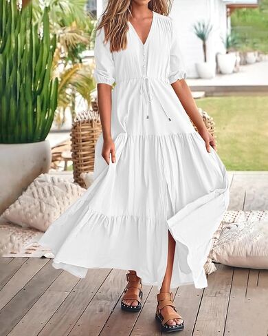 BTFBM Women Summer Dresses Short Sleeves V Neck Button Drawstring Maxi Dresses Solid Color Boho Long Dresses in Kuwait