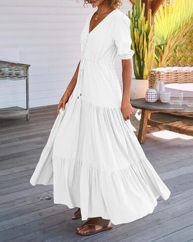 BTFBM Women Summer Dresses Short Sleeves V Neck Button Drawstring Maxi Dresses Solid Color Boho Long Dresses in Kuwait