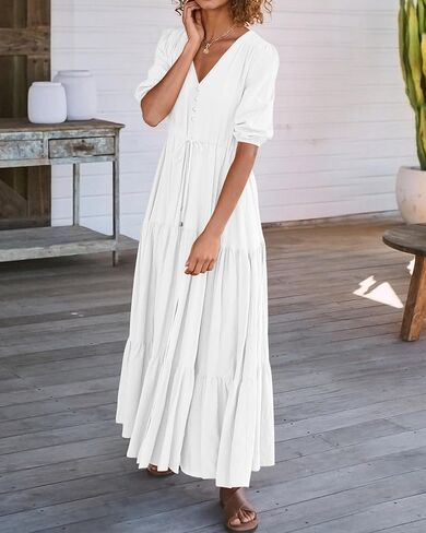 BTFBM Women Summer Dresses Short Sleeves V Neck Button Drawstring Maxi Dresses Solid Color Boho Long Dresses in Kuwait