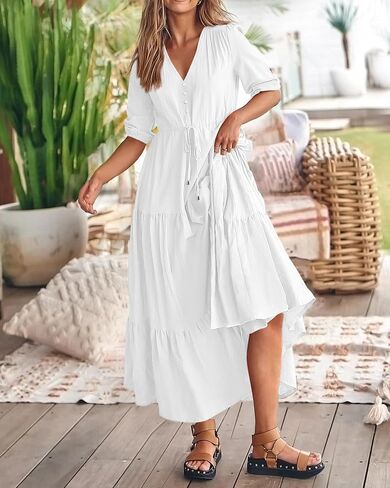 BTFBM Women Summer Dresses Short Sleeves V Neck Button Drawstring Maxi Dresses Solid Color Boho Long Dresses in Kuwait