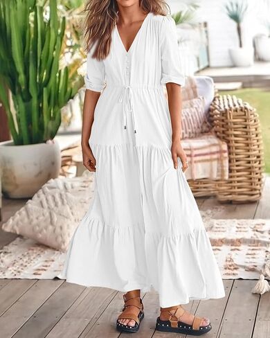 BTFBM Women Summer Dresses Short Sleeves V Neck Button Drawstring Maxi Dresses Solid Color Boho Long Dresses in Kuwait