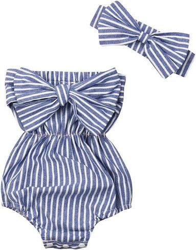 2 قطعة ملابس الفتيات حديثي الولادة بذلة مخططة رومبير Playsuit عقال ملابس 0-24 شهرًا in Kuwait
