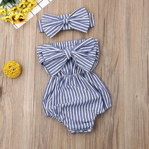 2 قطعة ملابس الفتيات حديثي الولادة بذلة مخططة رومبير Playsuit عقال ملابس 0-24 شهرًا in Kuwait